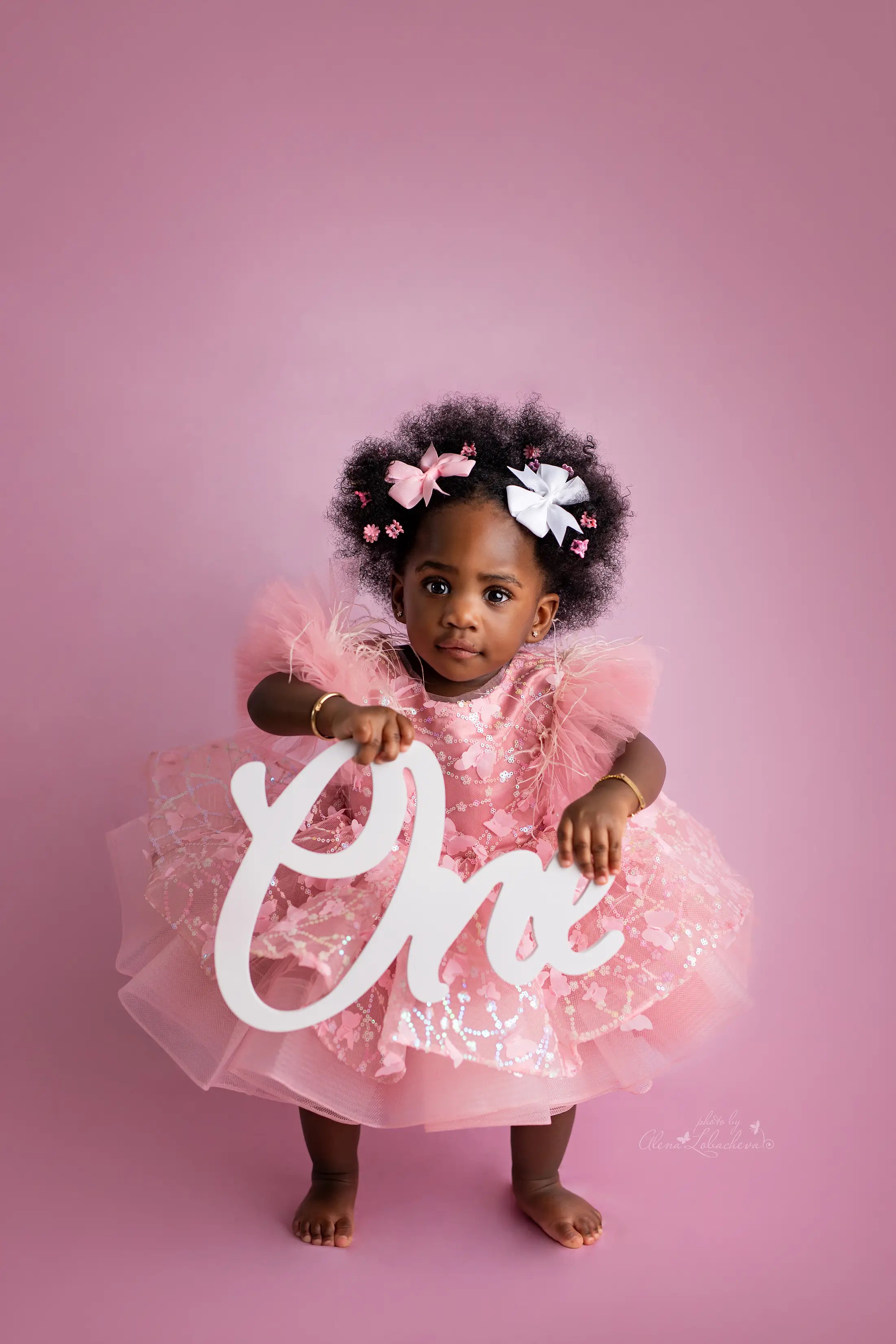 Baby girl in a pink dress holding a one sign for her first birthday portrait